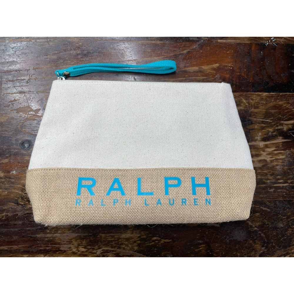 Ralph by Ralph Lauren Canvas Travel Pouch Makeup Case w/ Zipper White & Blue New